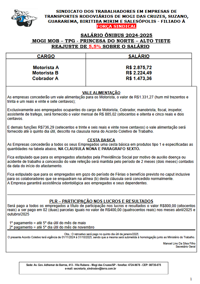 SALÁRIO ÔNIBUS 2024/2025