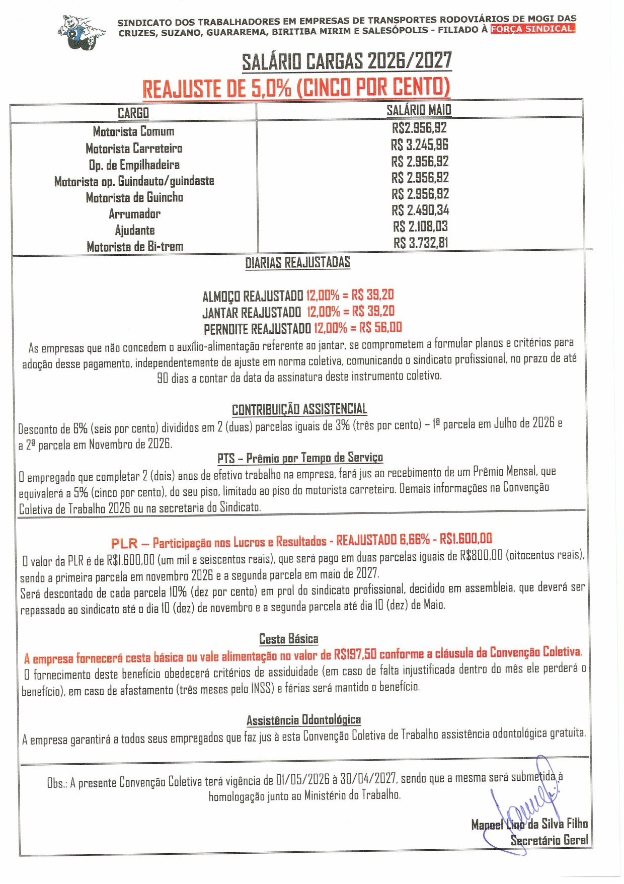 SALÁRIO CARGAS 2026/2027